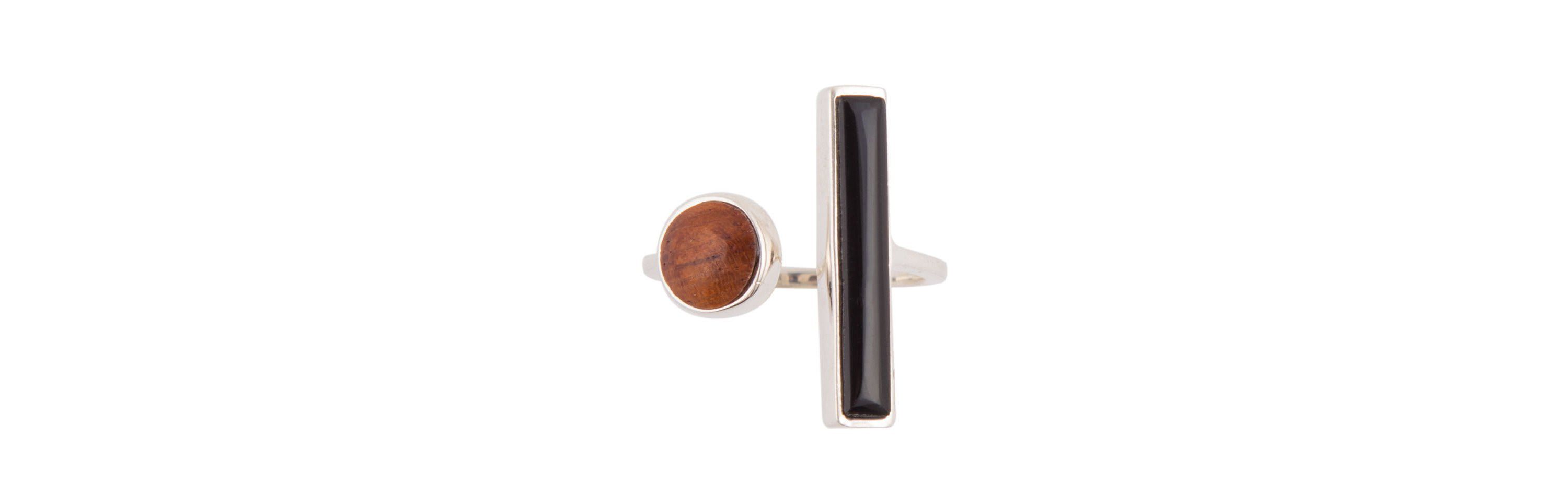 Wood and Onyx Size Adjustable Sterling Silver Ring