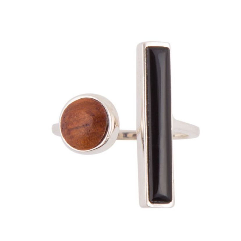 Wood and Onyx Size Adjustable Sterling Silver Ring