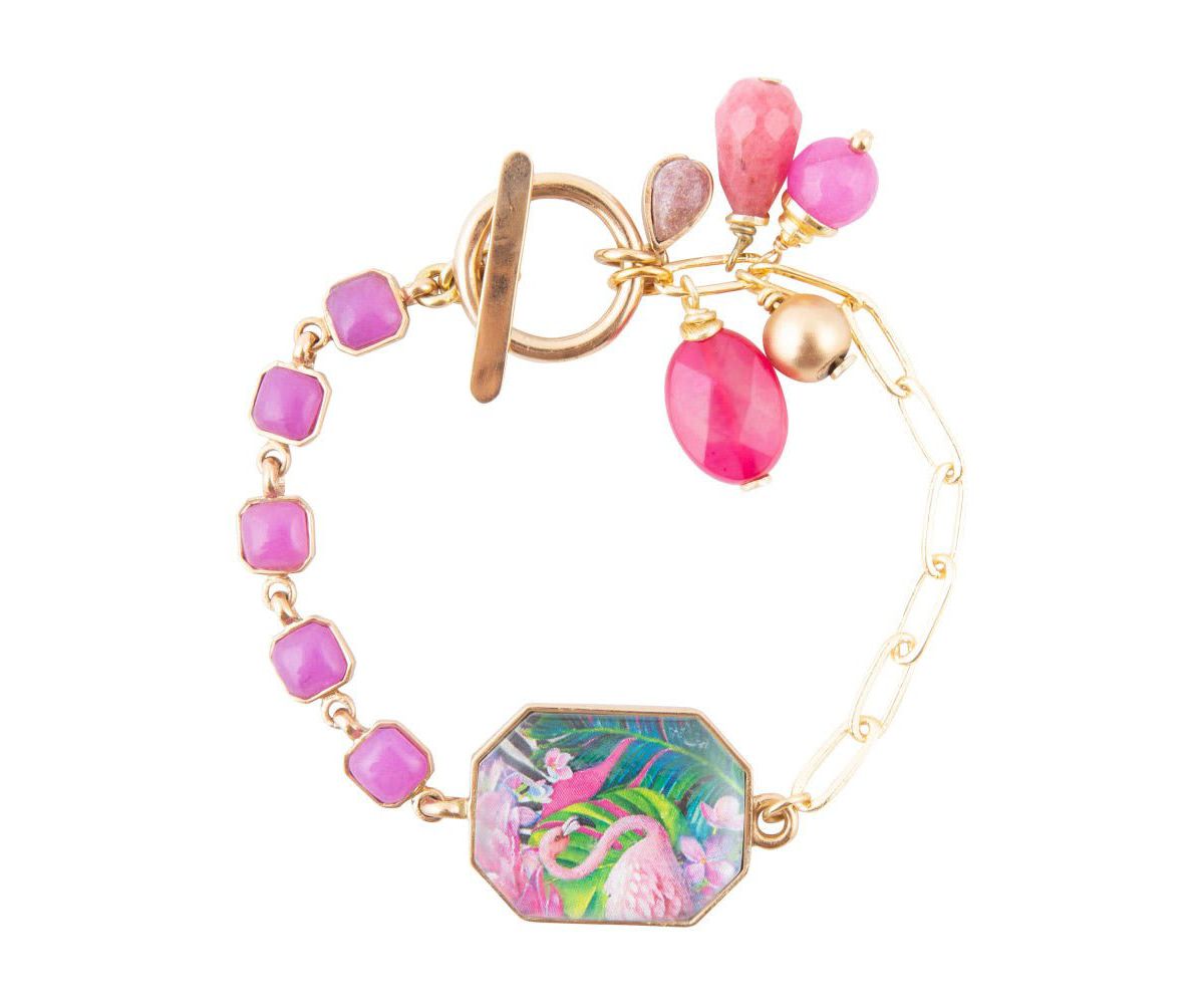 Scenic Flamingo Pink Agate Golden Link Bracelet