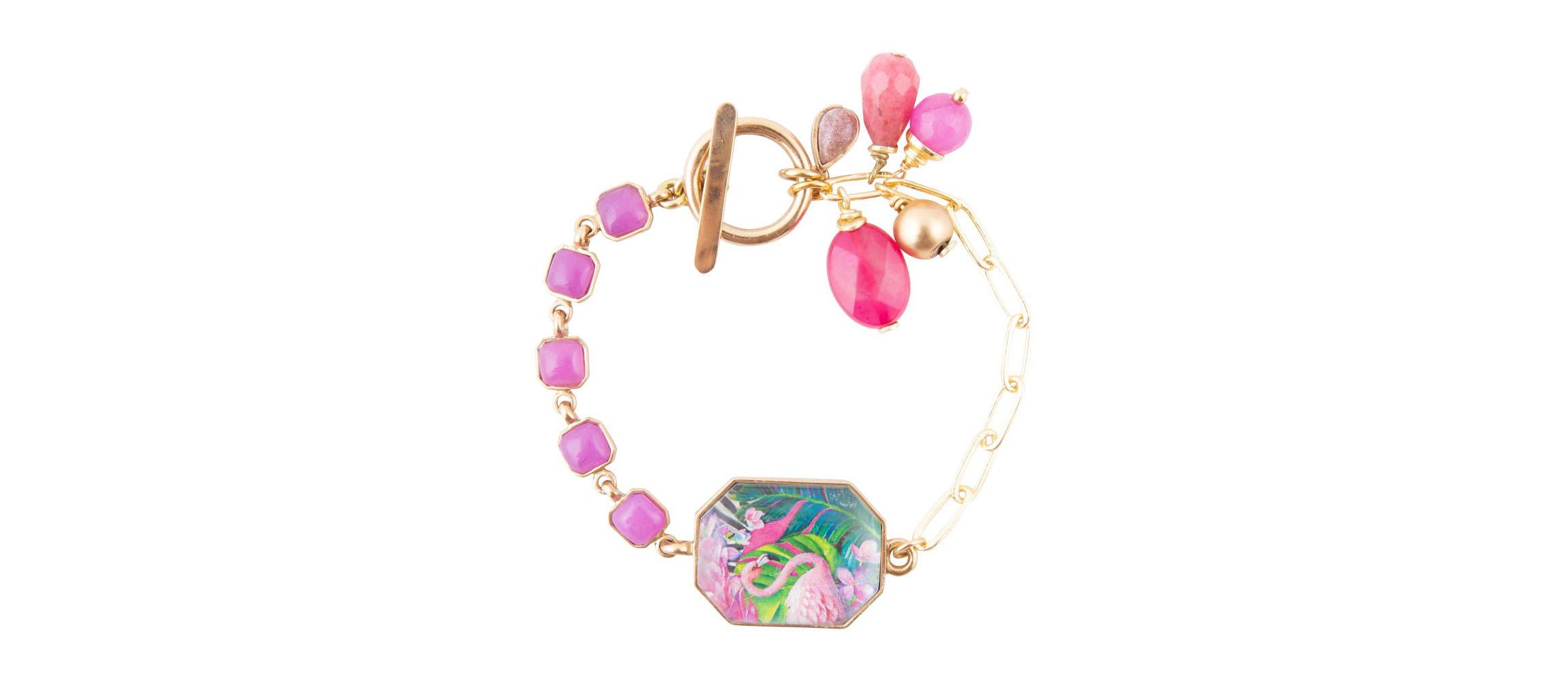 Scenic Flamingo Pink Agate Golden Link Bracelet