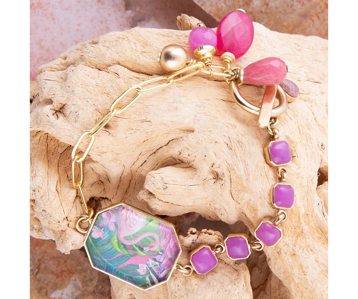 Scenic Flamingo Pink Agate Golden Link Bracelet