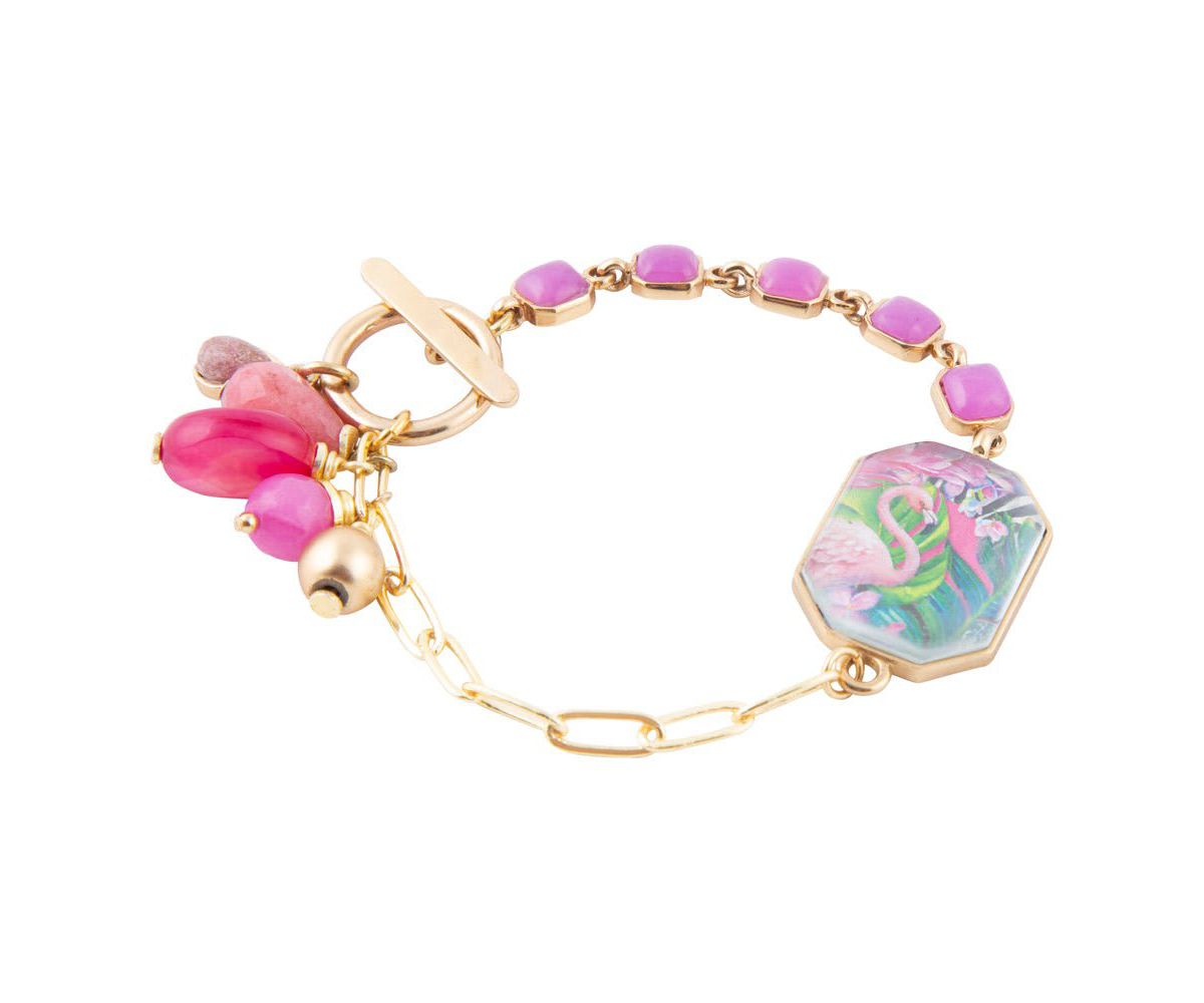 Scenic Flamingo Pink Agate Golden Link Bracelet
