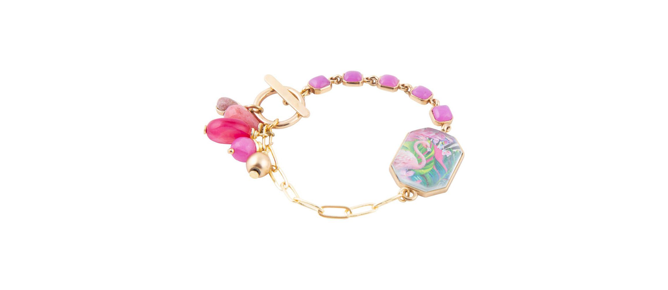 Scenic Flamingo Pink Agate Golden Link Bracelet
