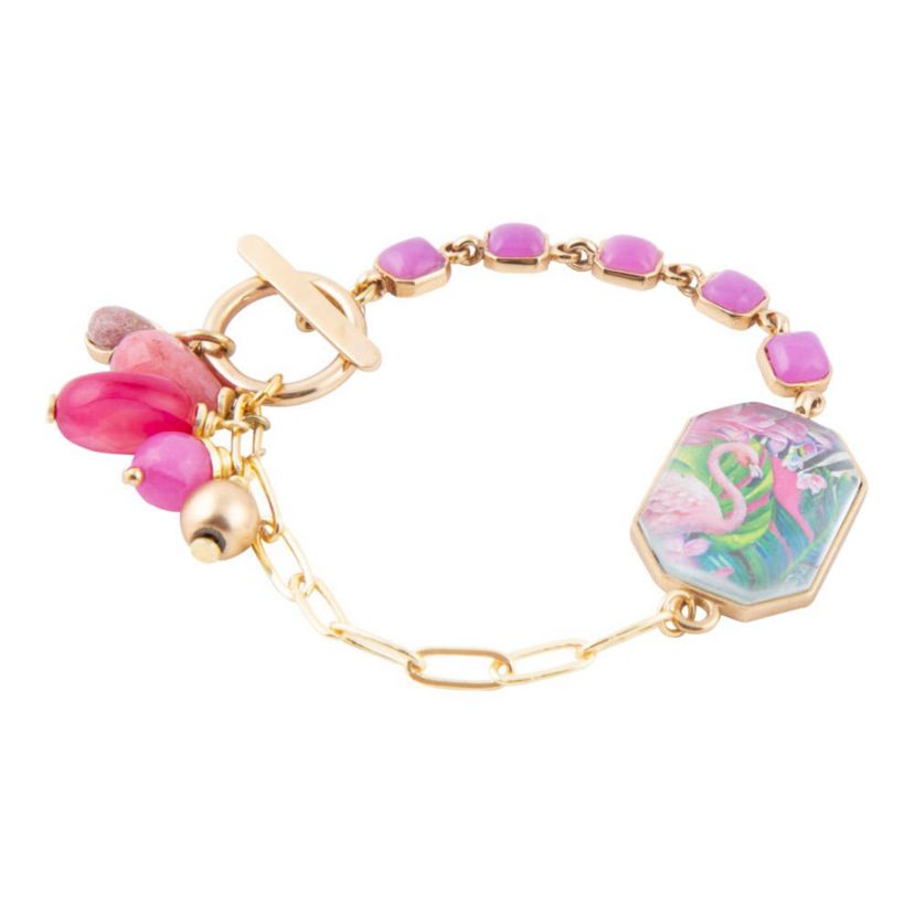Scenic Flamingo Pink Agate Golden Link Bracelet