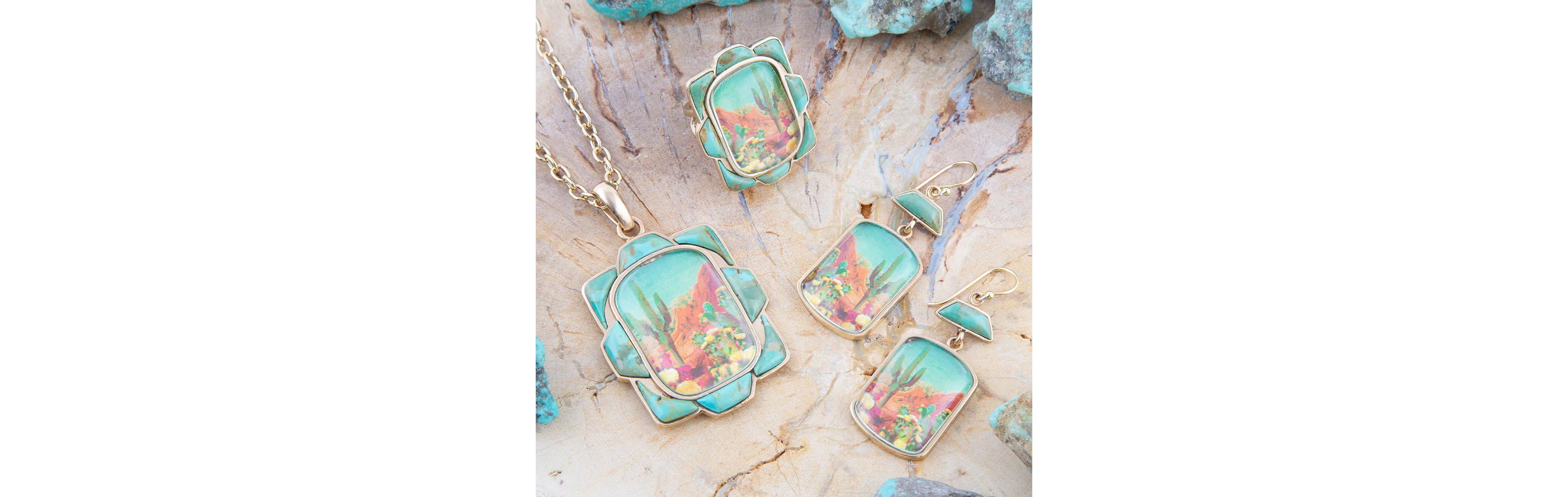 Scenic Sedona Desert Blue Turquoise Golden Pendant Necklace