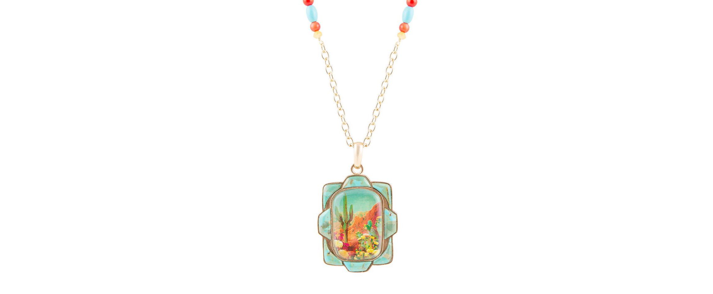 Scenic Sedona Desert Blue Turquoise Golden Pendant Necklace