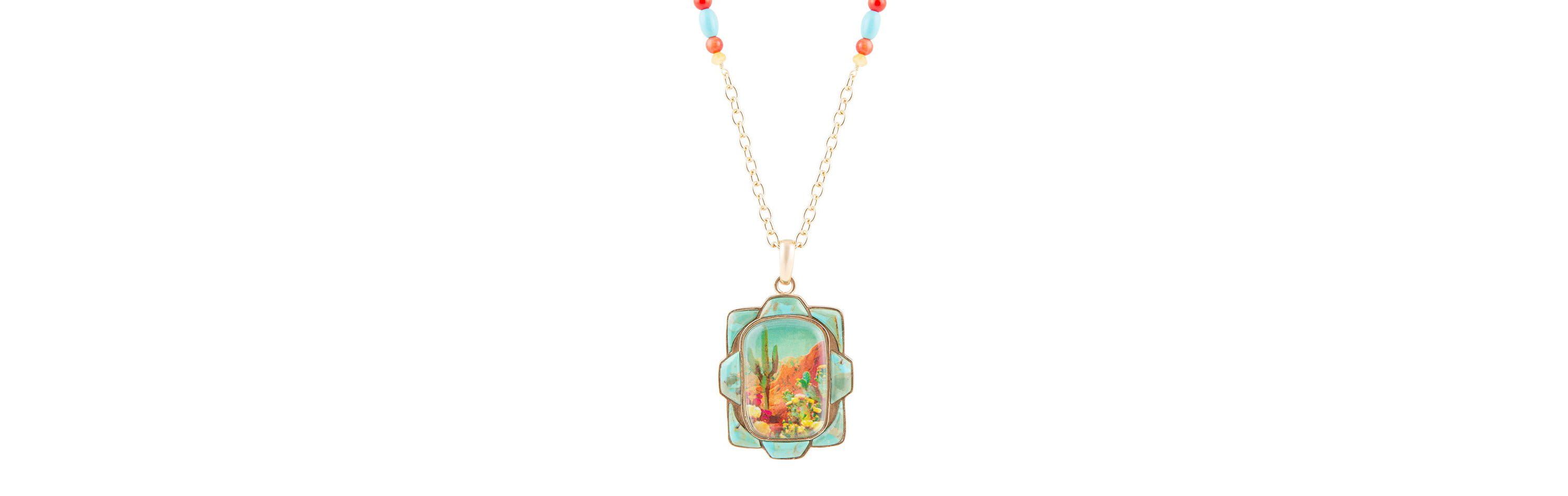 Scenic Sedona Desert Blue Turquoise Golden Pendant Necklace