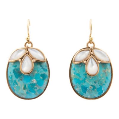 Barse Jewelry White Mother of Pearl and Blue Turquoise Petal Golden Drop Earrings