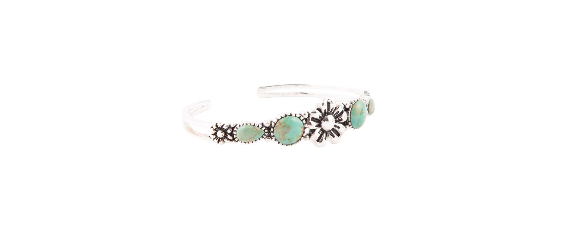 Floral Blue Turquoise and Sterling Silver Cuff Bracelet