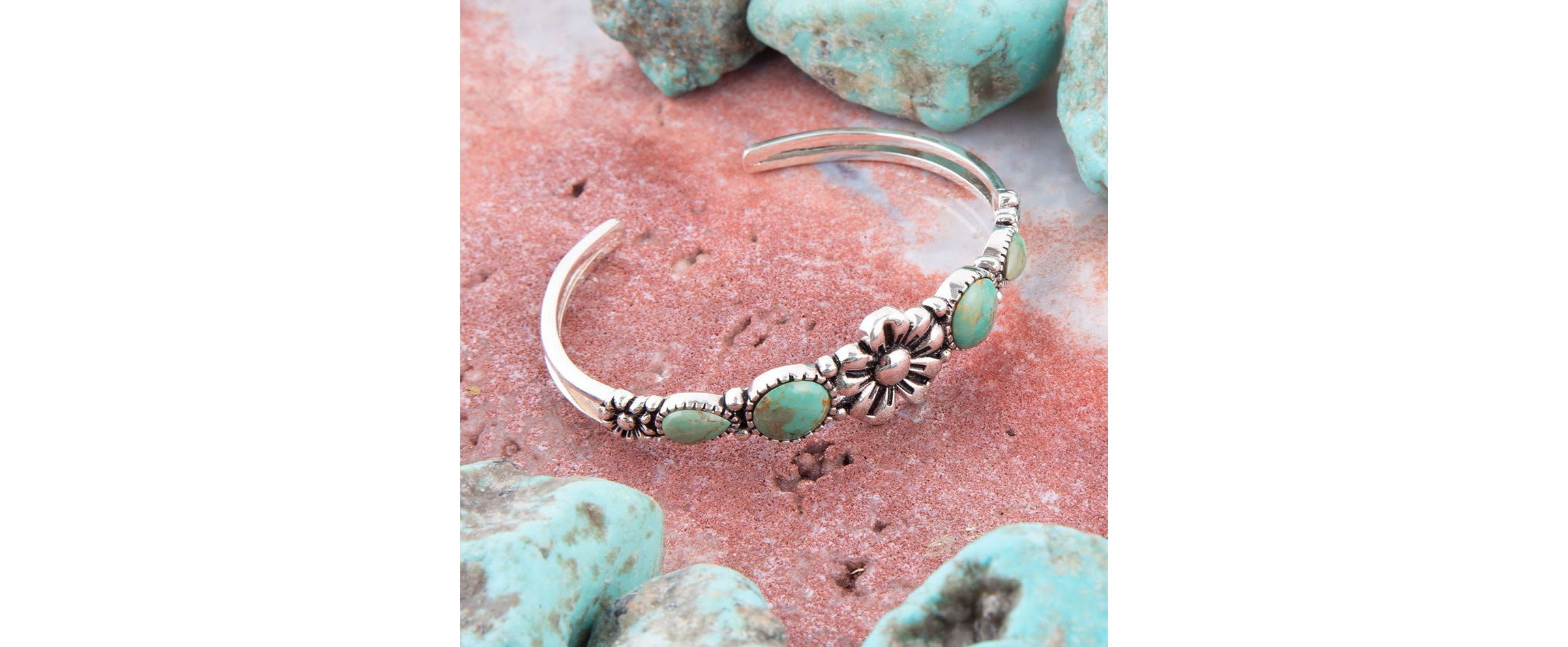 Floral Blue Turquoise and Sterling Silver Cuff Bracelet