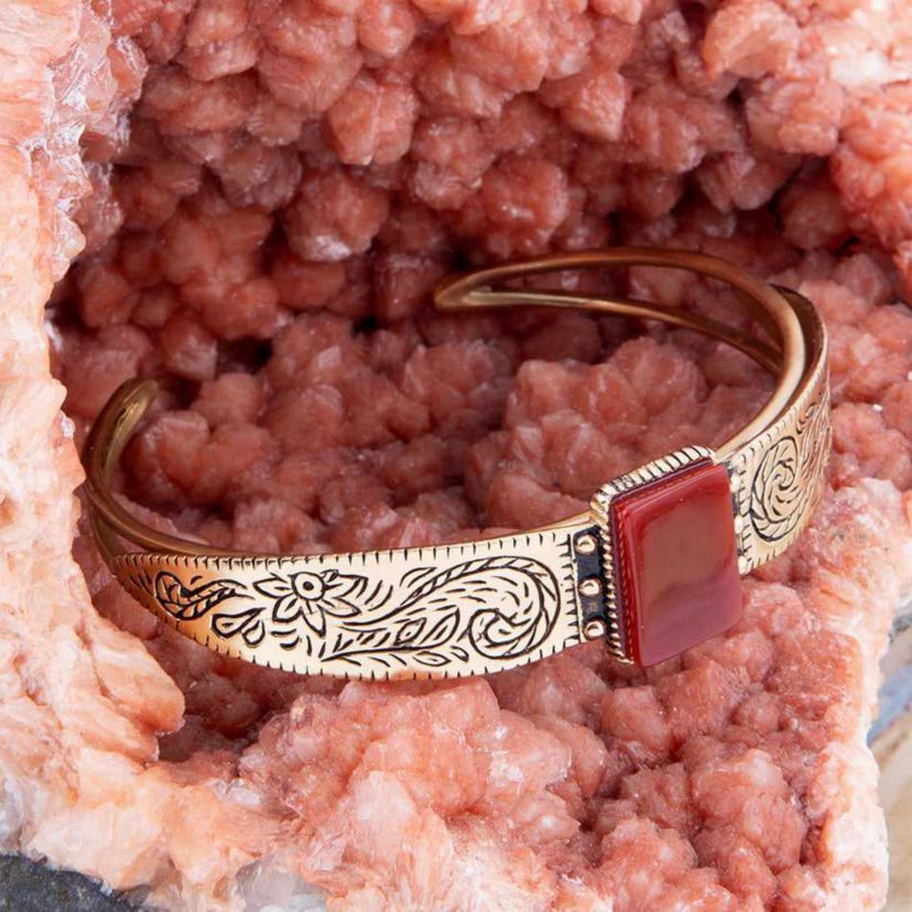 Barse Jewelry Stamped Orange Carnelian Golden Cuff Bracelet