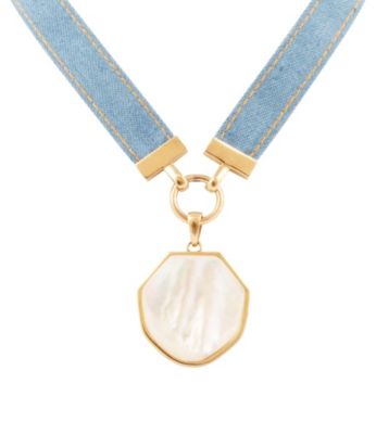 Barse Jewelry Blue Denim Dreams White Mother of Pearl Ribbon Golden Pendant Necklace