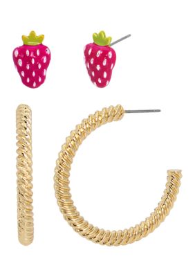 Betsey Johnson Strawberry Stud and Hoop Duo Earring Set
