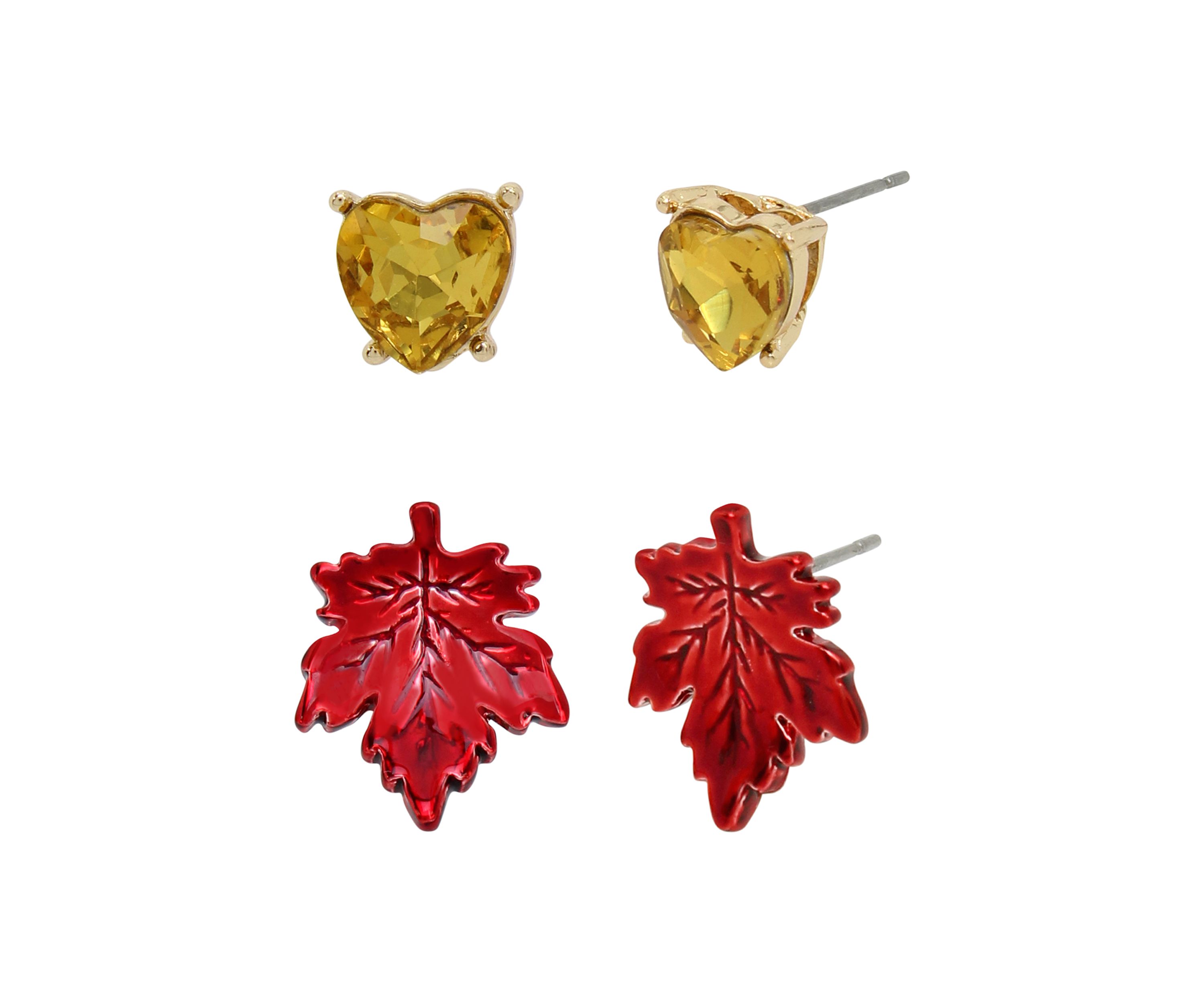 Heart & Leaf Duo Stud Earring Set