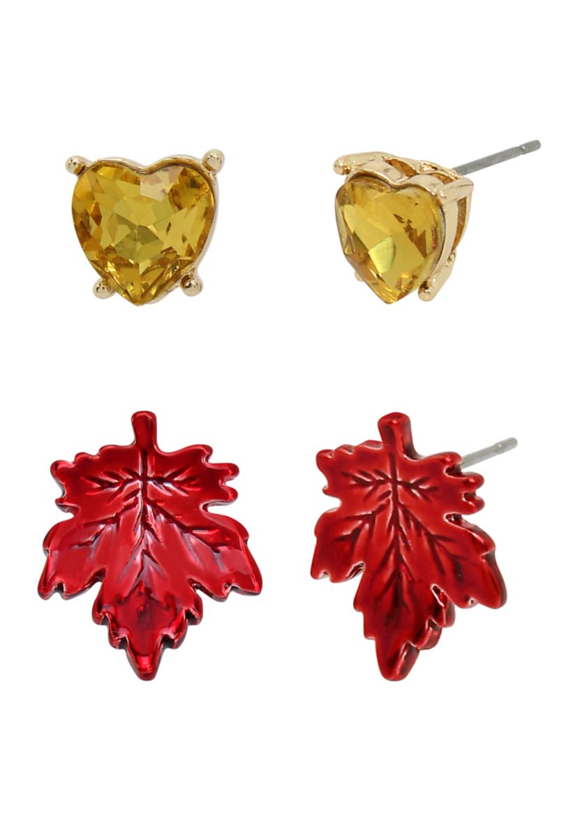Heart & Leaf Duo Stud Earring Set