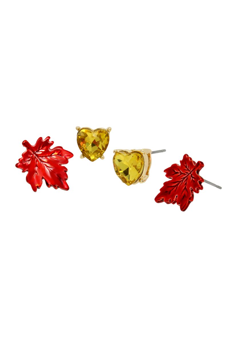 Heart & Leaf Duo Stud Earring Set