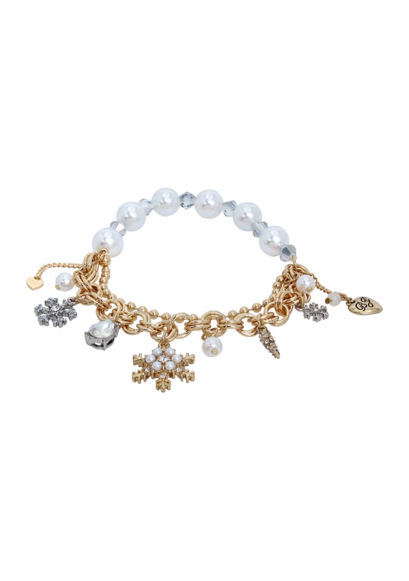 Snowflake Charm Pearl Stretch Bracelet