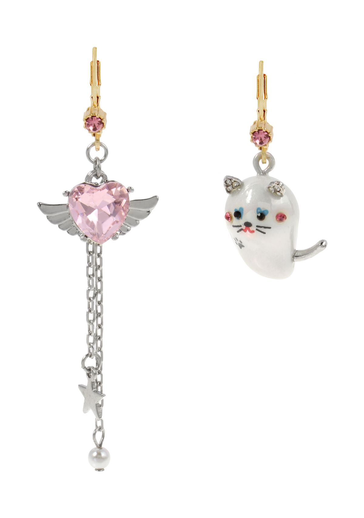 Pearl Critters Cat & Winged Heart Mismatch Earrings