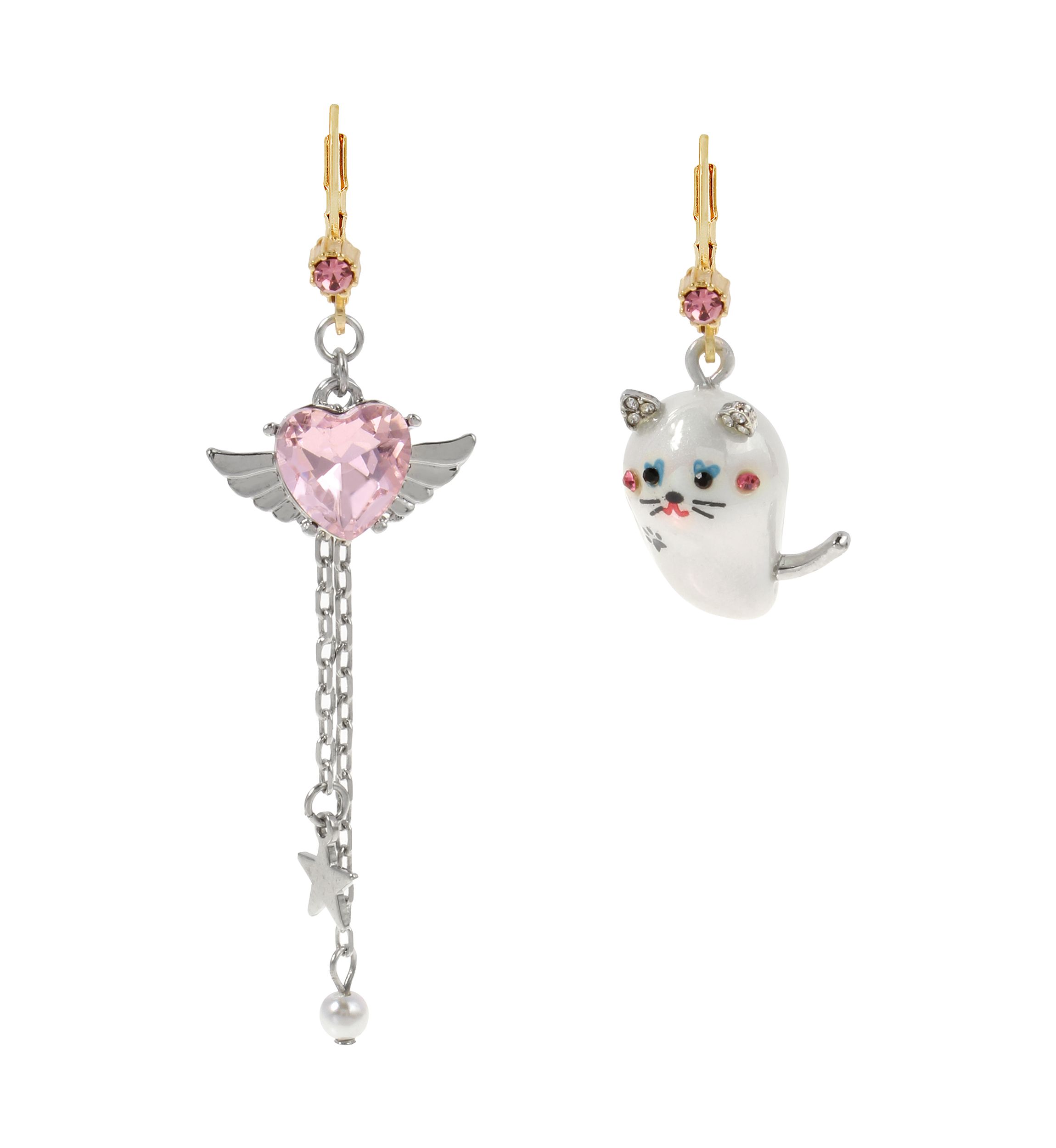 Pearl Critters Cat & Winged Heart Mismatch Earrings