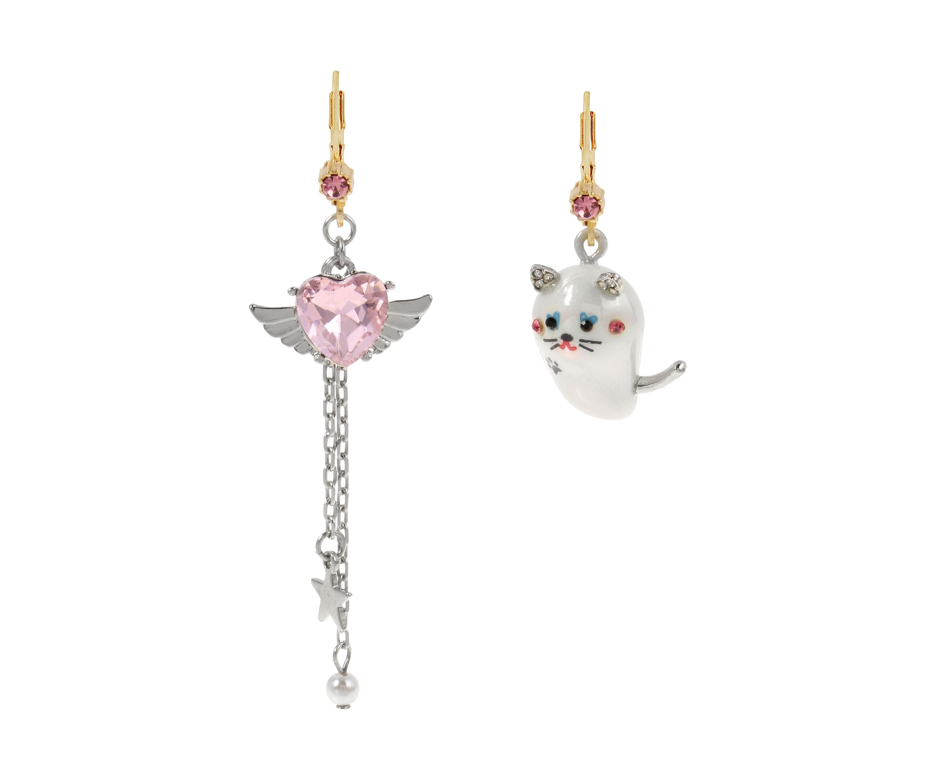 Pearl Critters Cat & Winged Heart Mismatch Earrings