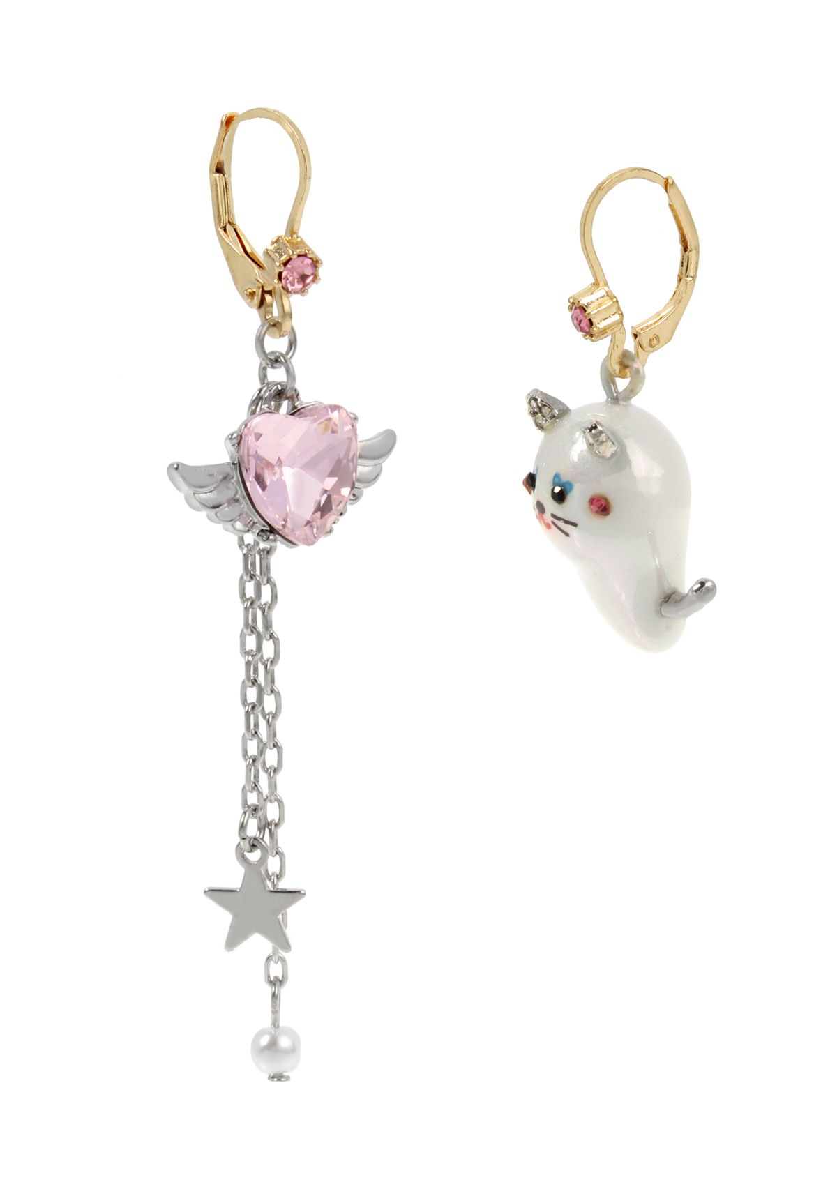 Pearl Critters Cat & Winged Heart Mismatch Earrings