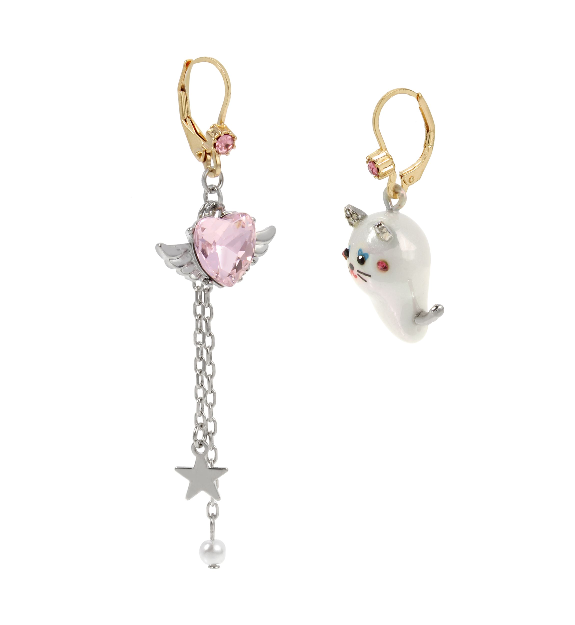 Pearl Critters Cat & Winged Heart Mismatch Earrings