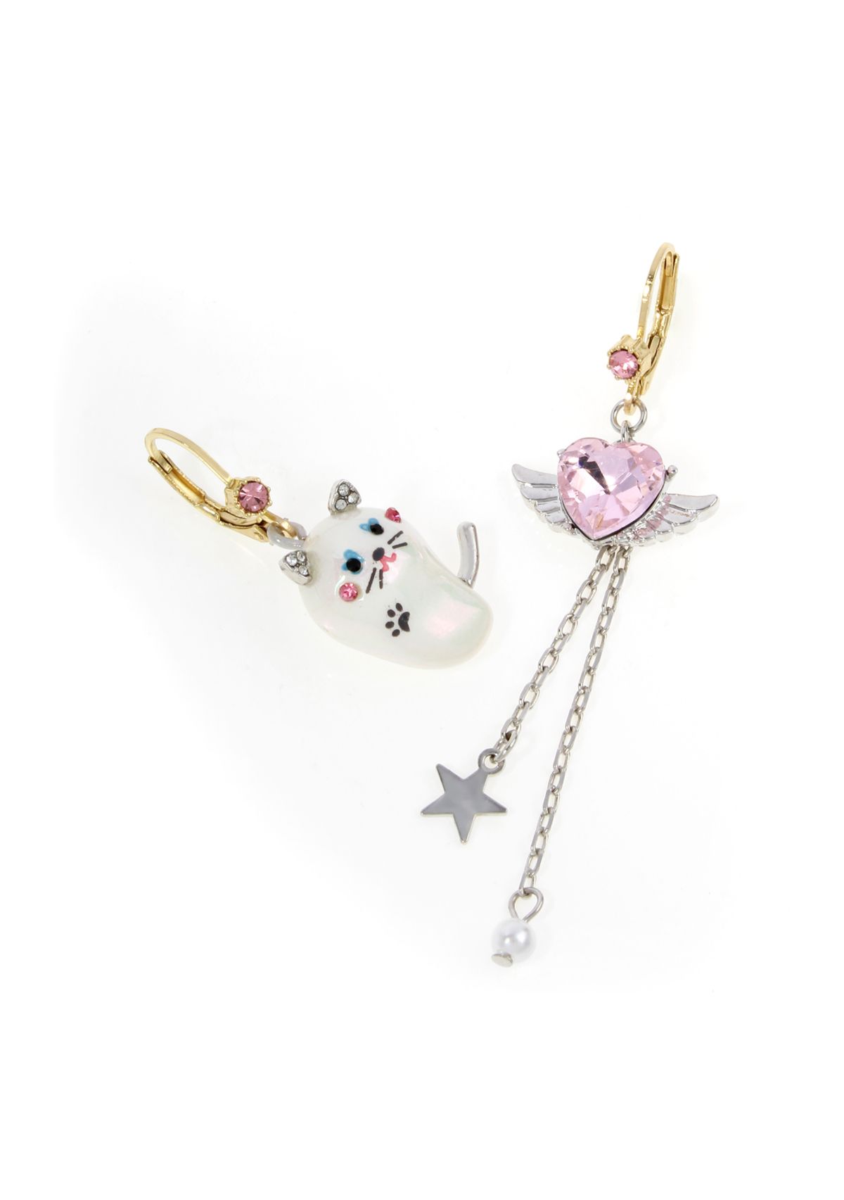 Pearl Critters Cat & Winged Heart Mismatch Earrings