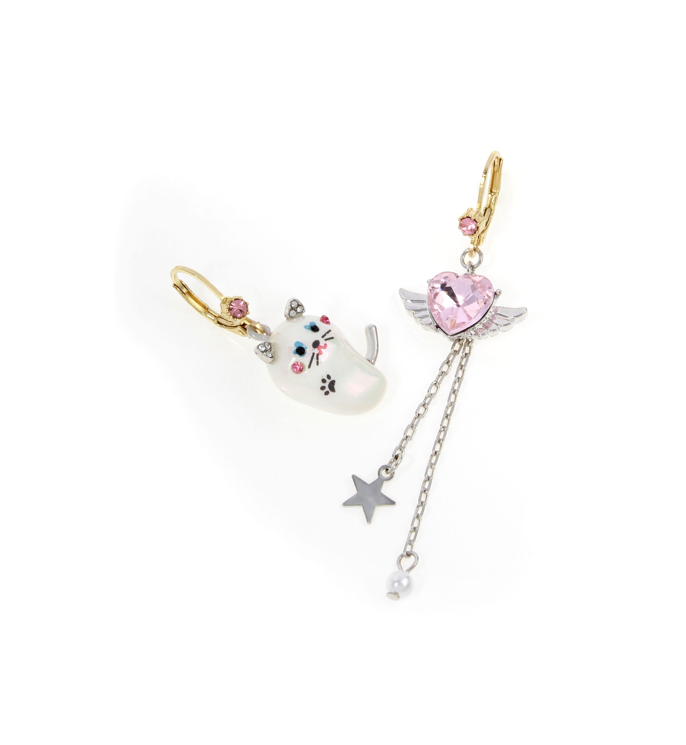 Pearl Critters Cat & Winged Heart Mismatch Earrings