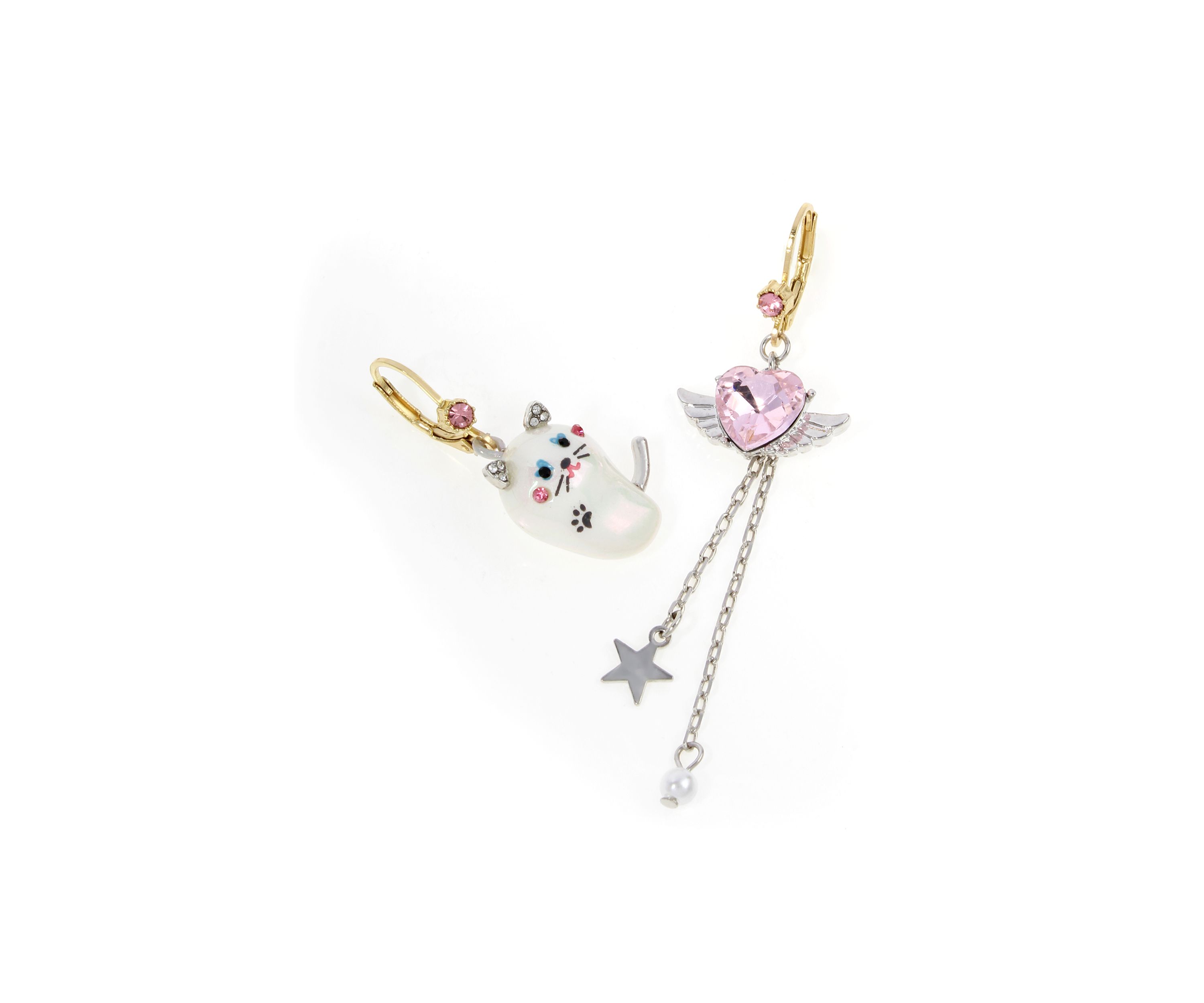 Pearl Critters Cat & Winged Heart Mismatch Earrings