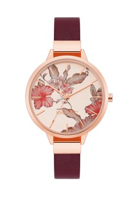 Nine West Women's Quartz Round Rose Gold-Tone Metal Burgundy Faux Leather Watch