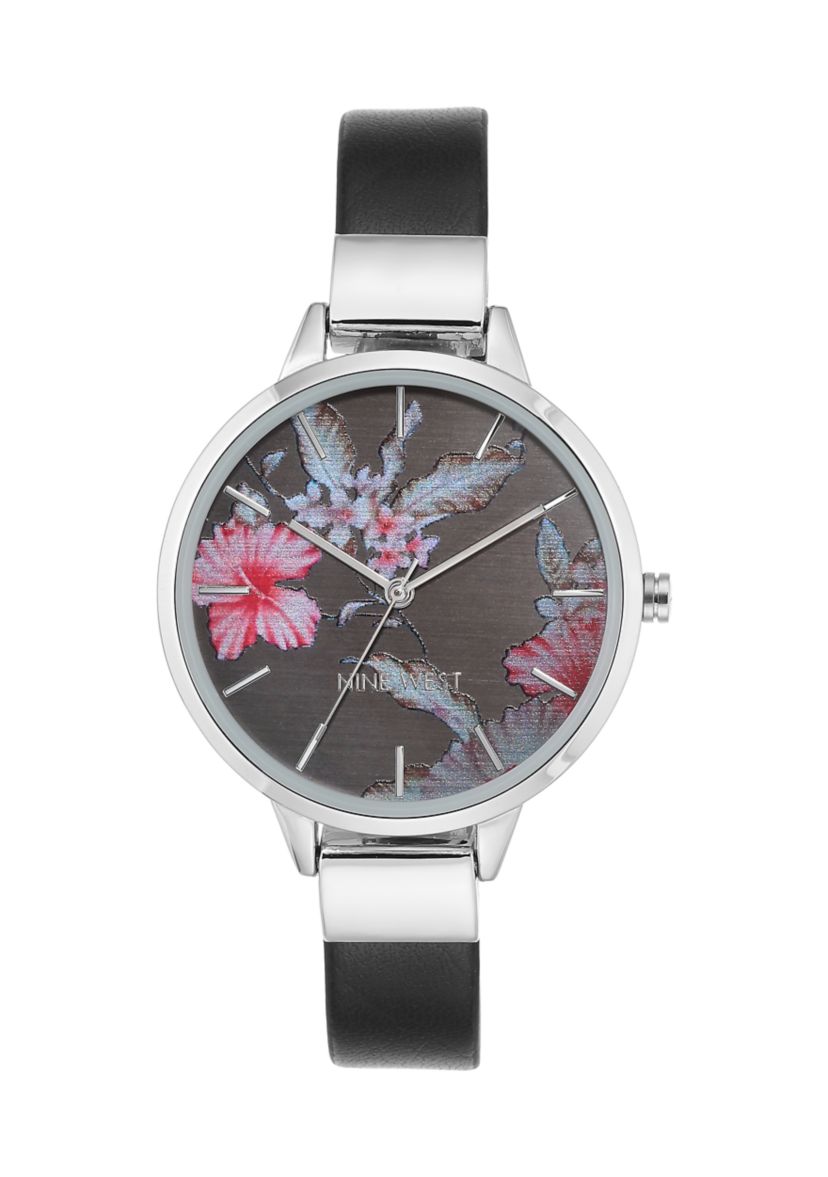 Leather Band and Alloy Metal with Floral Pattern Dial Watch