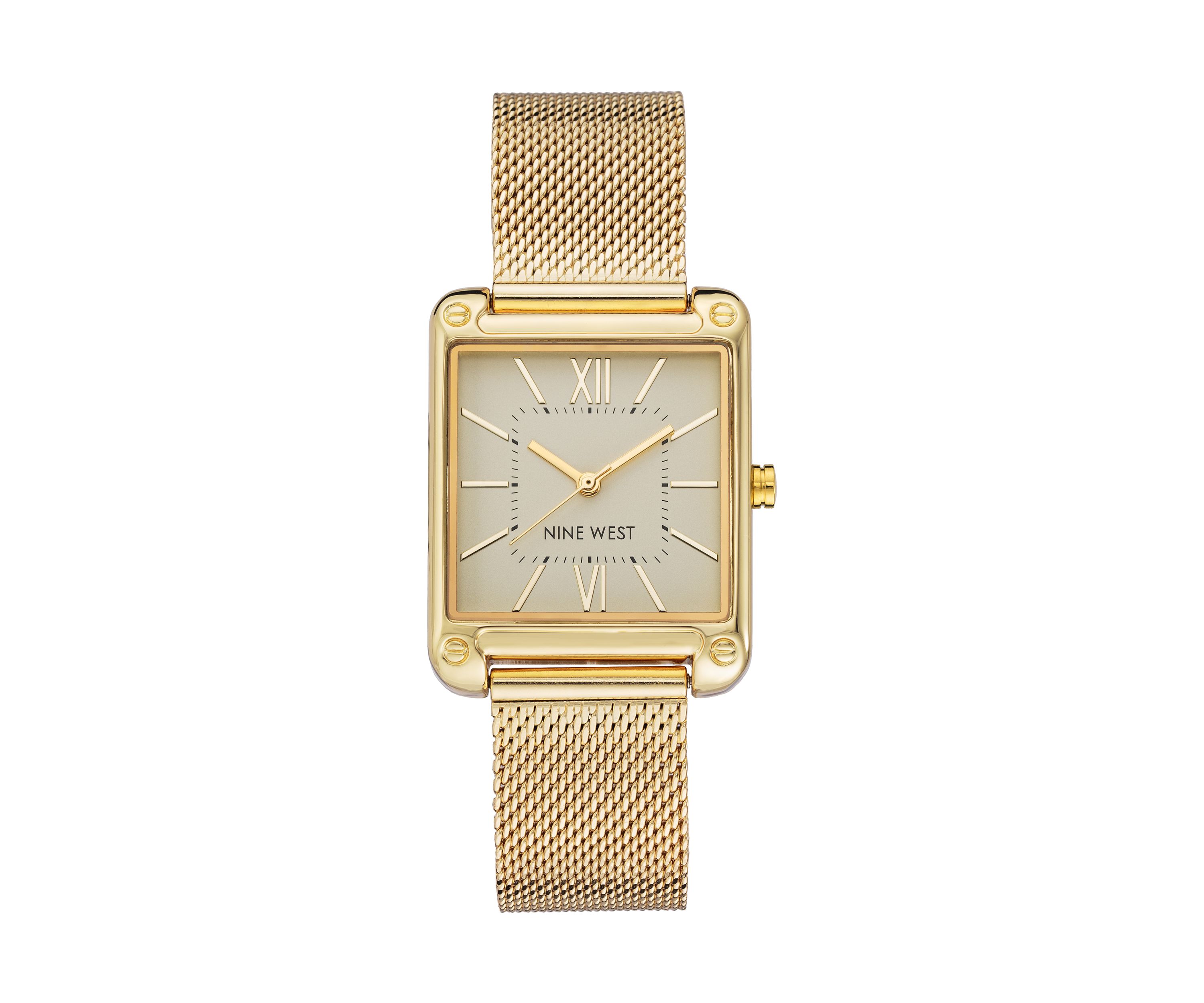 Womens Rectangular Gold-Tone Stainless Steel Mesh Band Watch, 29 Millimeter
