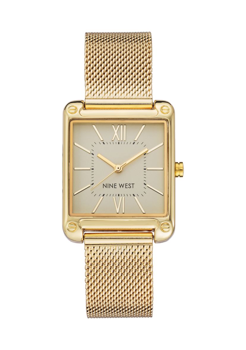 Womens Rectangular Gold-Tone Stainless Steel Mesh Band Watch, 29 Millimeter