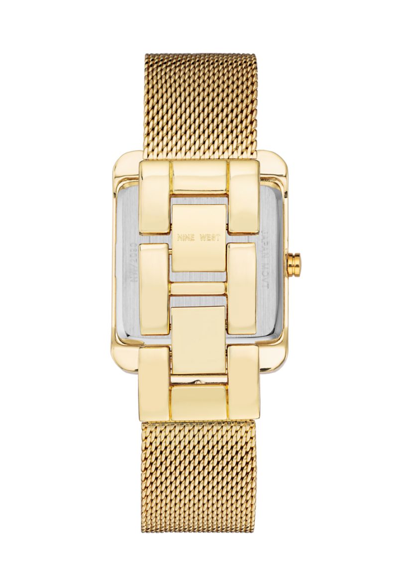 Womens Rectangular Gold-Tone Stainless Steel Mesh Band Watch, 29 Millimeter