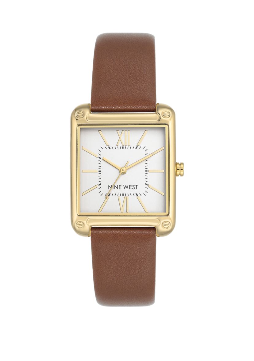 Womens 29 Millimeter Rectangular Brown Faux Leather Band Watch 