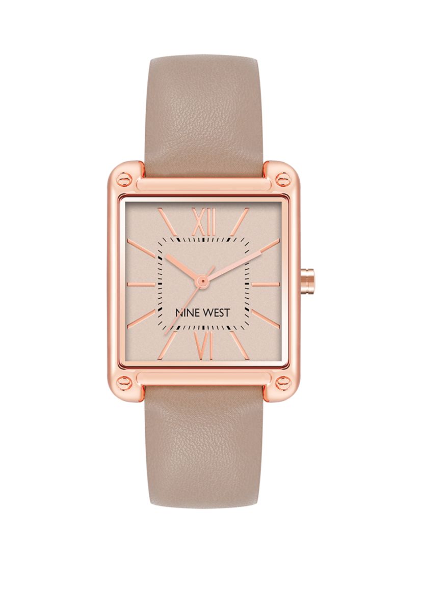 Womens 29 Millimeter Rectangular Taupe Faux Leather Band Watch 
