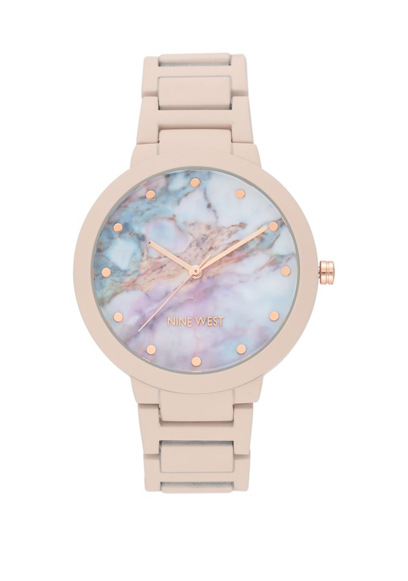 Womens 40.5 Millimeter Light Pink Rubberized Metal Link Bracelet Watch 