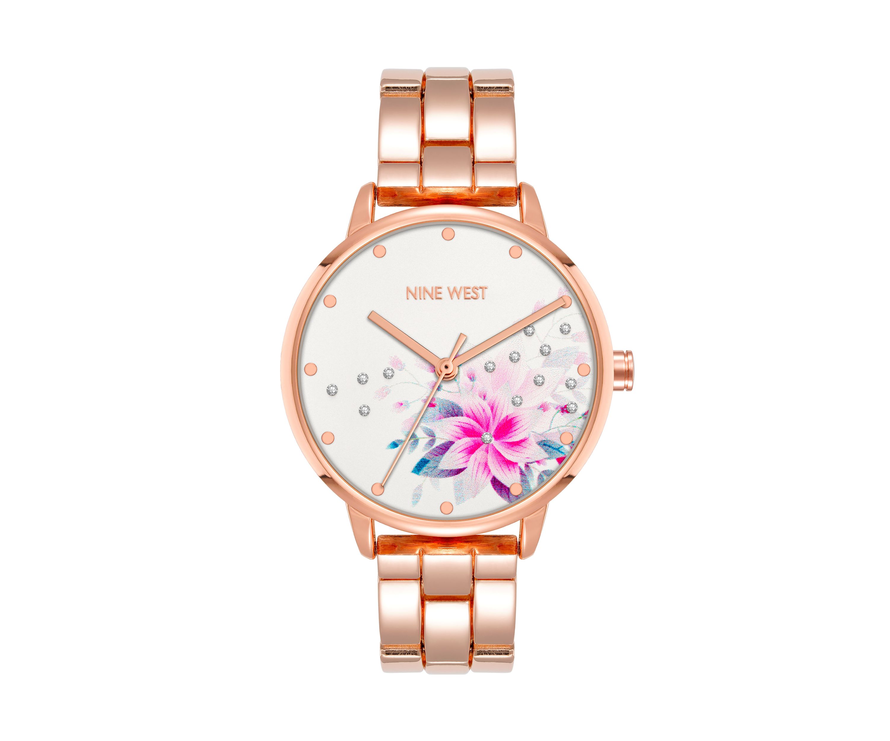 Womens Quartz Round Rose Gold-Tone Alloy Link Bracelet and Floral Pattern Watch