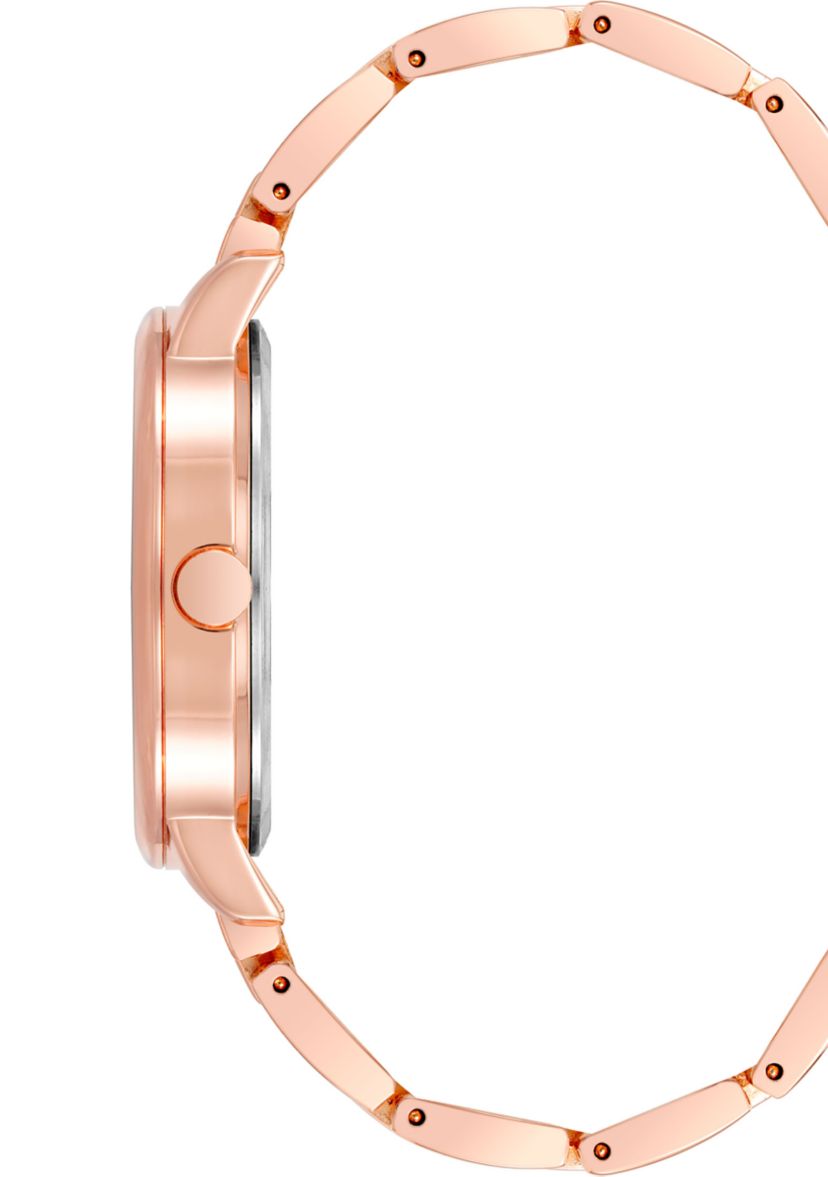 Womens Quartz Round Rose Gold-Tone Alloy Link Bracelet and Floral Pattern Watch