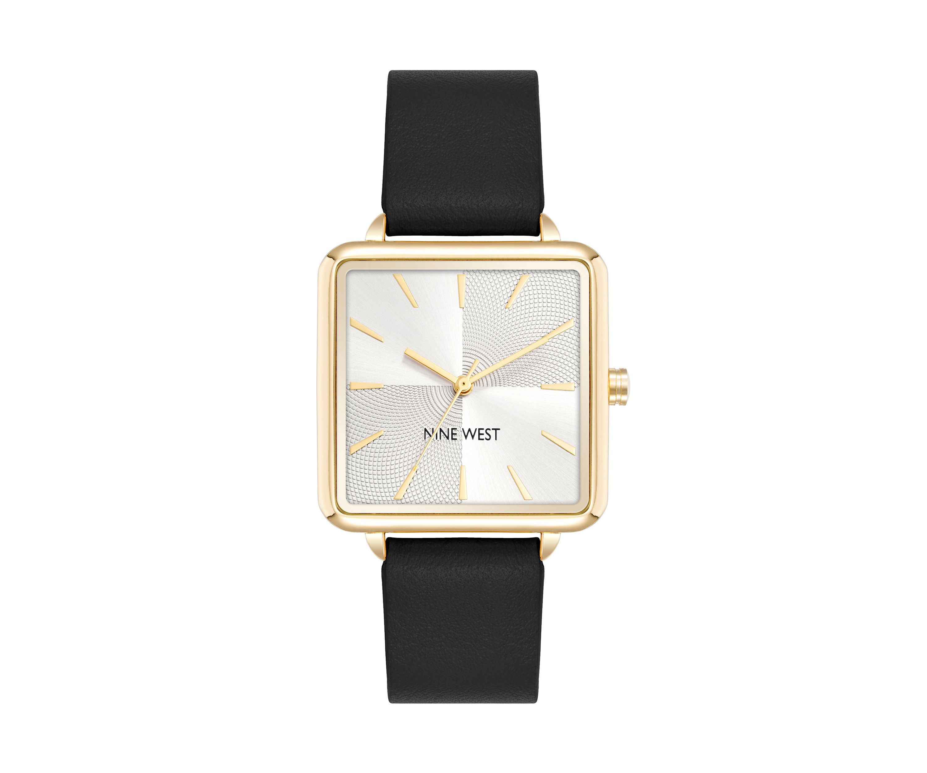 Square Black Faux Leather Band Watch