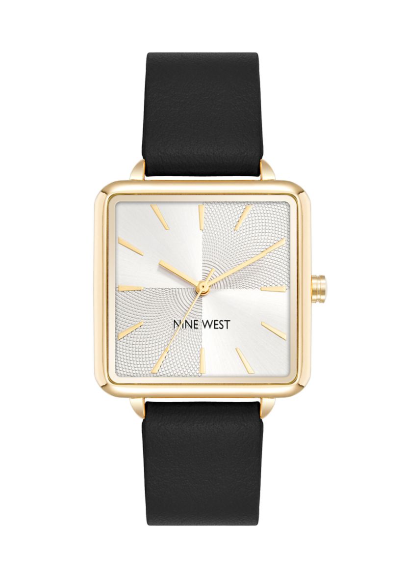 Square Black Faux Leather Band Watch