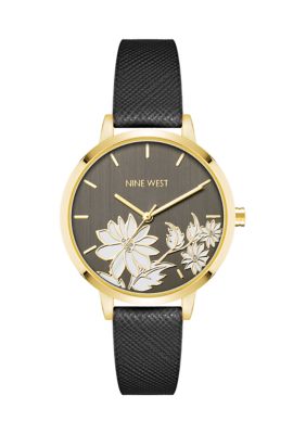 Nine West Faux Leather Band and Floral Pattern Watch | Belk display picture 1
