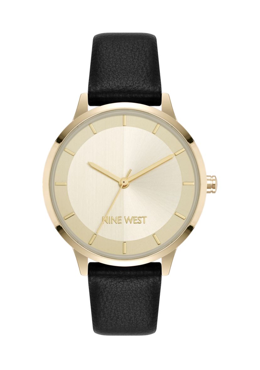Nine West Gold-Tone Watch with White Dial and Black Leather Strap Nine West Women main image 4