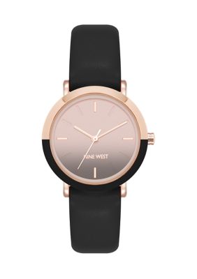 Nine West Women's Quartz Round Rose Gold-Tone Metal Black Faux Leather Watch
