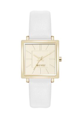 Nine West Women's Quartz Square Gold Tone White Faux Leather Watch