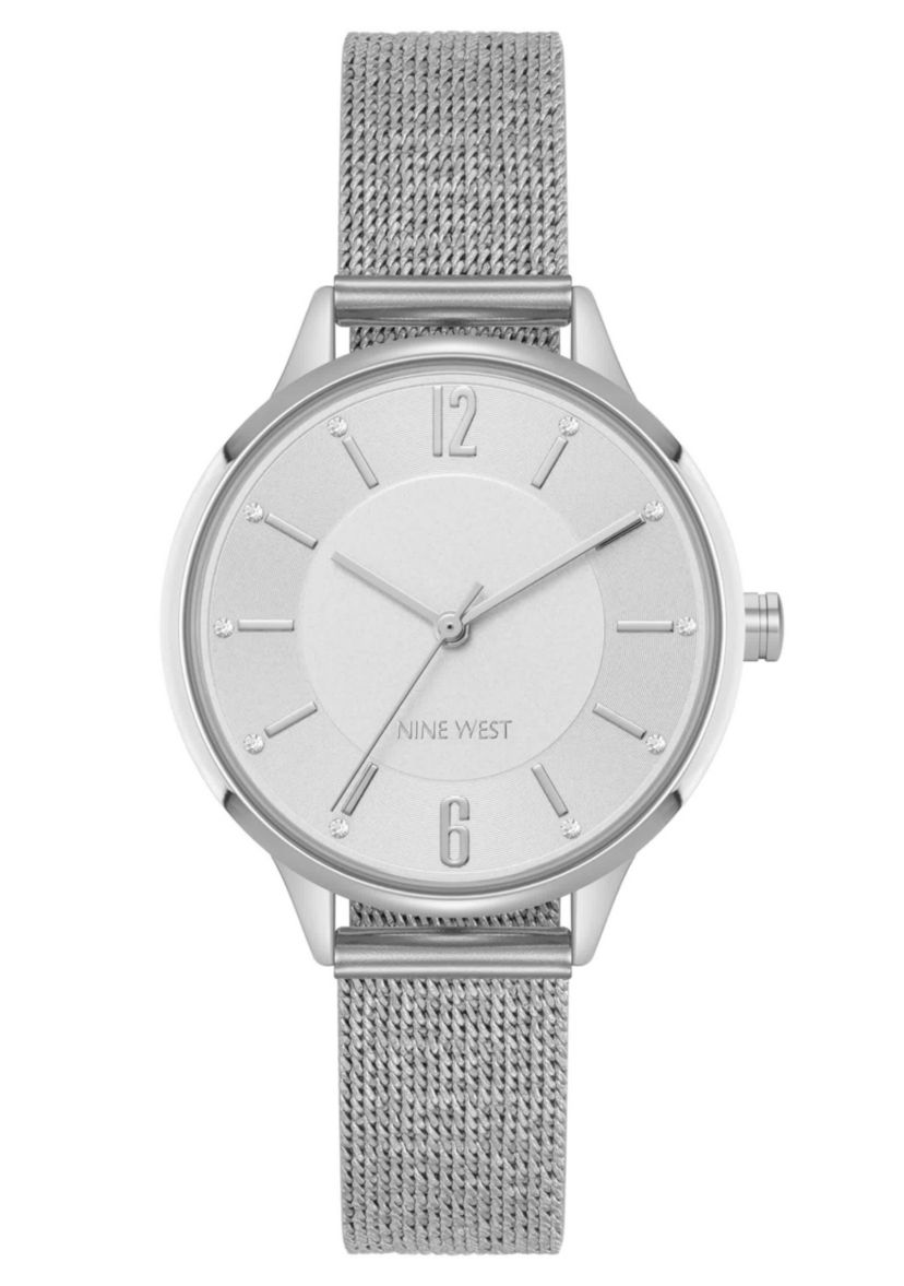Womens Round, Silver-Tone Stainless Steel Mesh Bracelet Watch