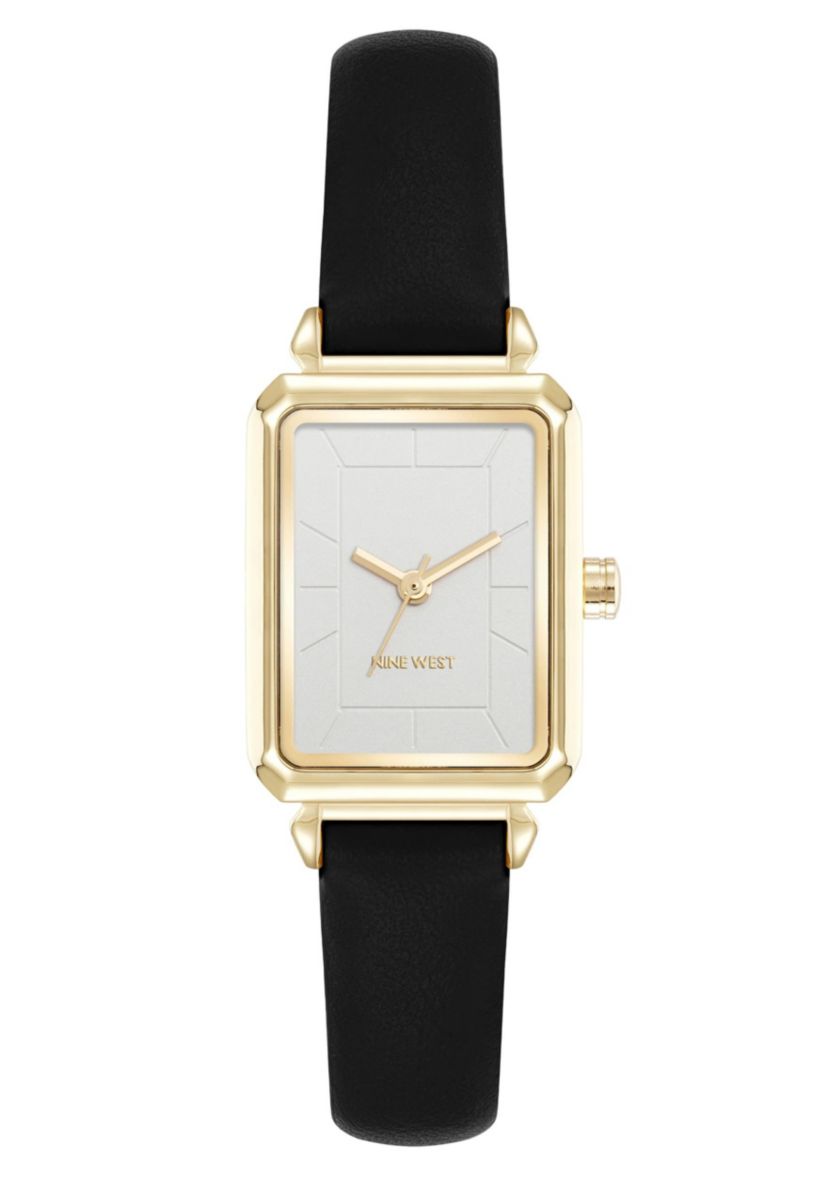 Womens Rectangle Black Faux Leather Band Watch