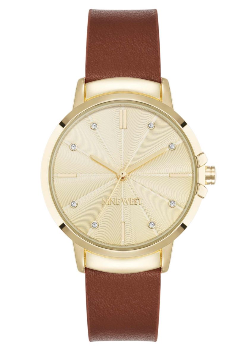 Womens Round Brown Faux Leather Band Watch