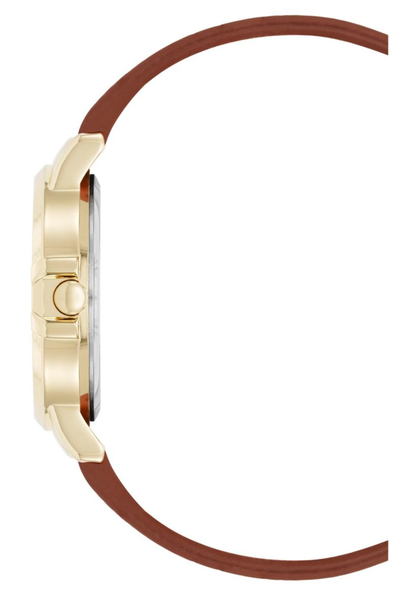 Womens Round Brown Faux Leather Band Watch