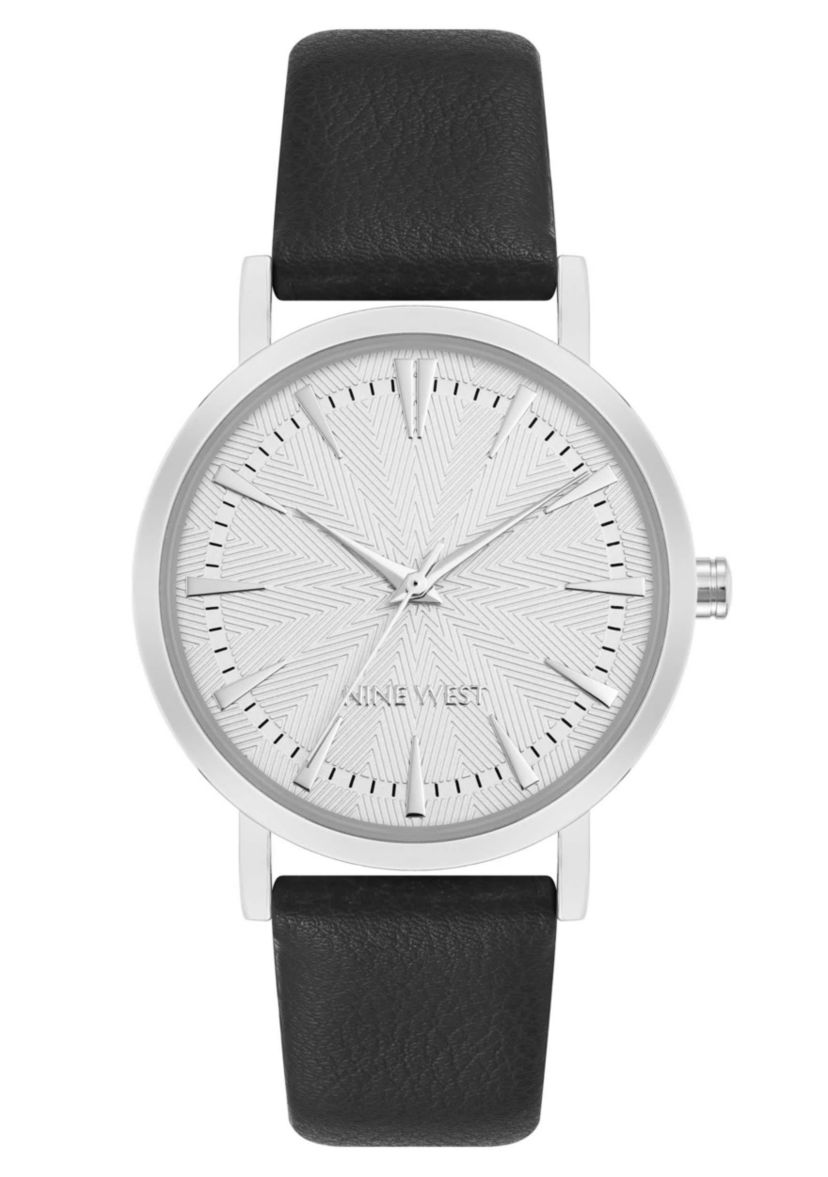 Quartz Round Black Faux Leather Band Watch